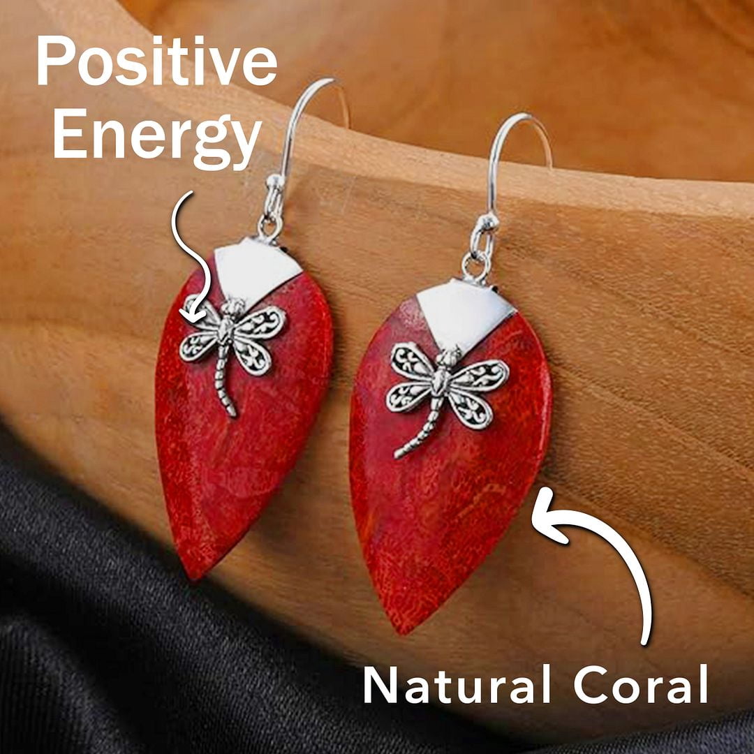 Red Coral Gemstone Earrings for Women in 925 Sterling Silver - Dangling Drop Fashion Earrings Handmade Birthstone Vintage Boho Jewelry Birthday Christmas Gifts