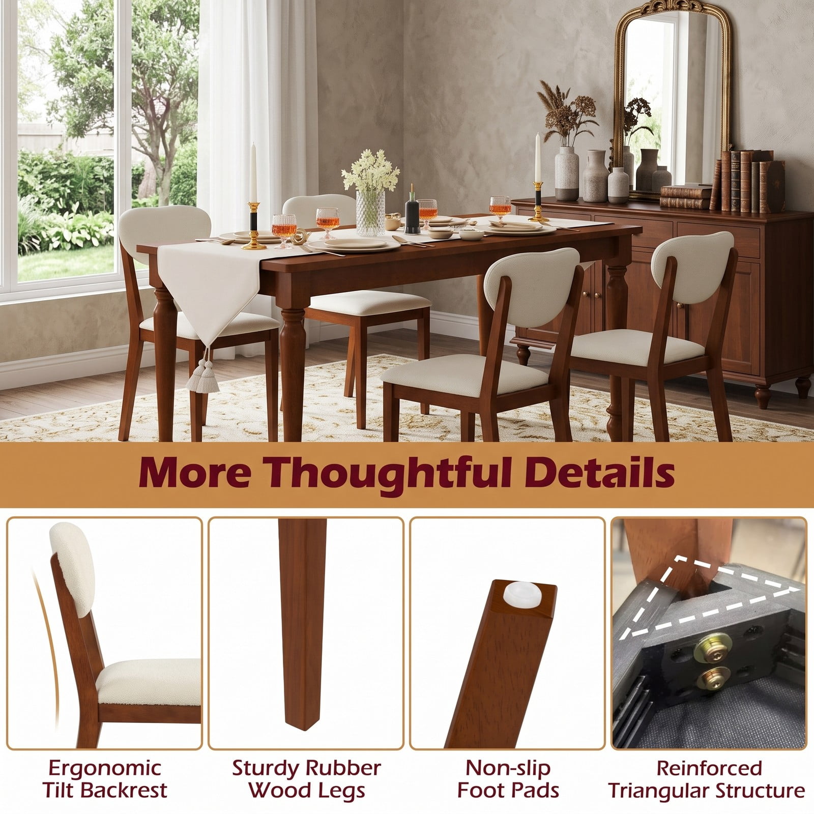 Furnibear Sherpa Dining Chairs Set of 4, Upholstered Faux Fleece Accent Side Chairs with Solid Rubber Wood Legs, Ergonomic Tilt Backrest Kitchen Dining, White Walnut