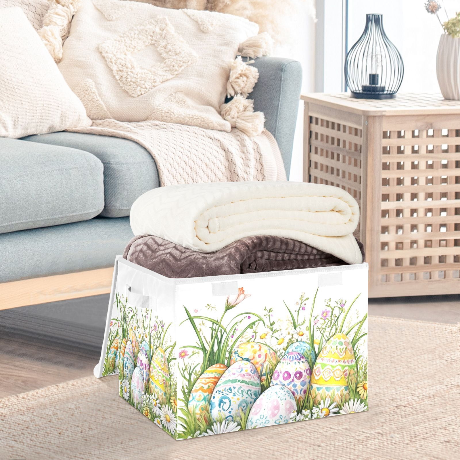 Easter Eggs Flowers Storage Basket for Shelves Foldable Container Organizer for Organizing Toys Clothes Books with Handles