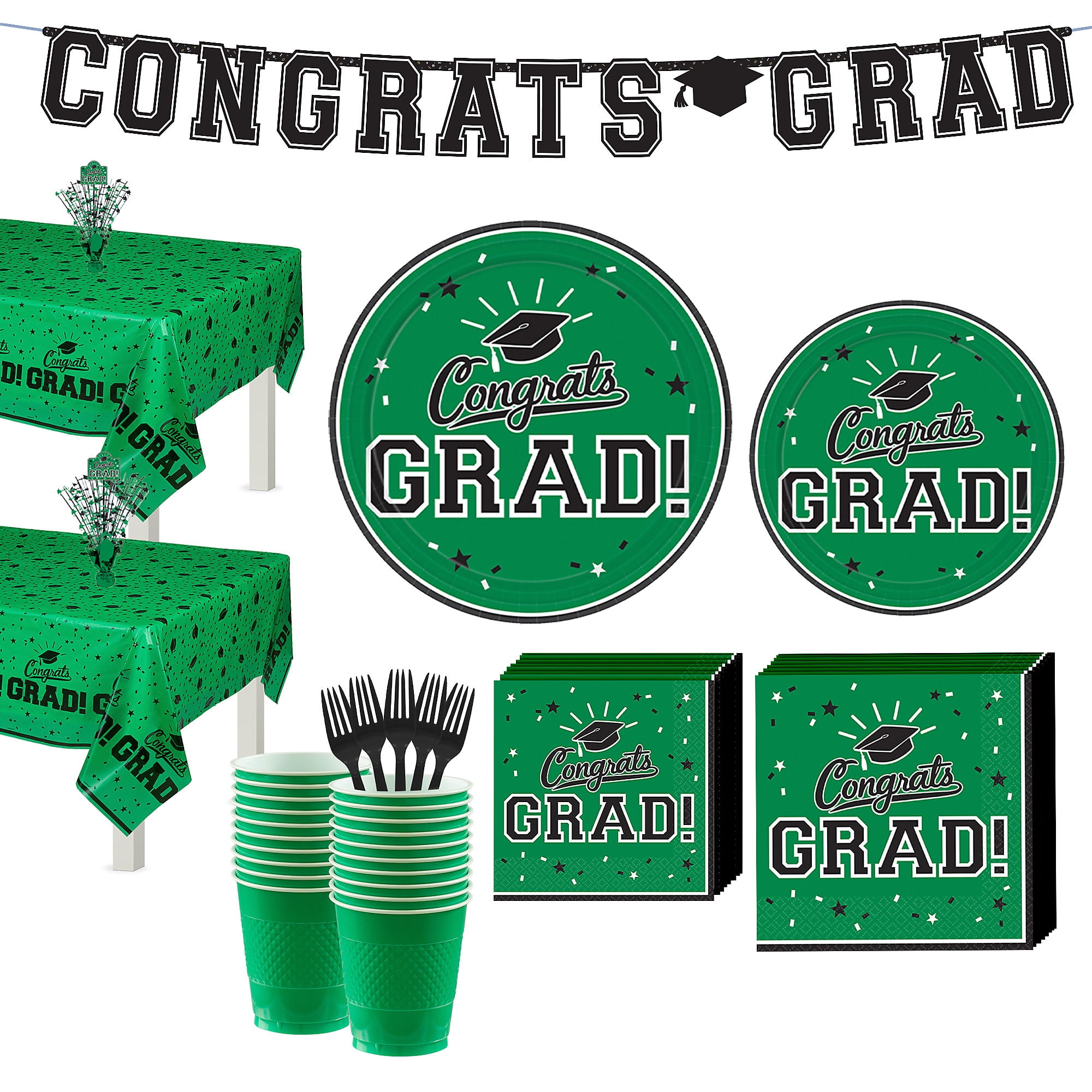 Party City Congrats Grad Green Graduation Party Kit for 36 Guests, With