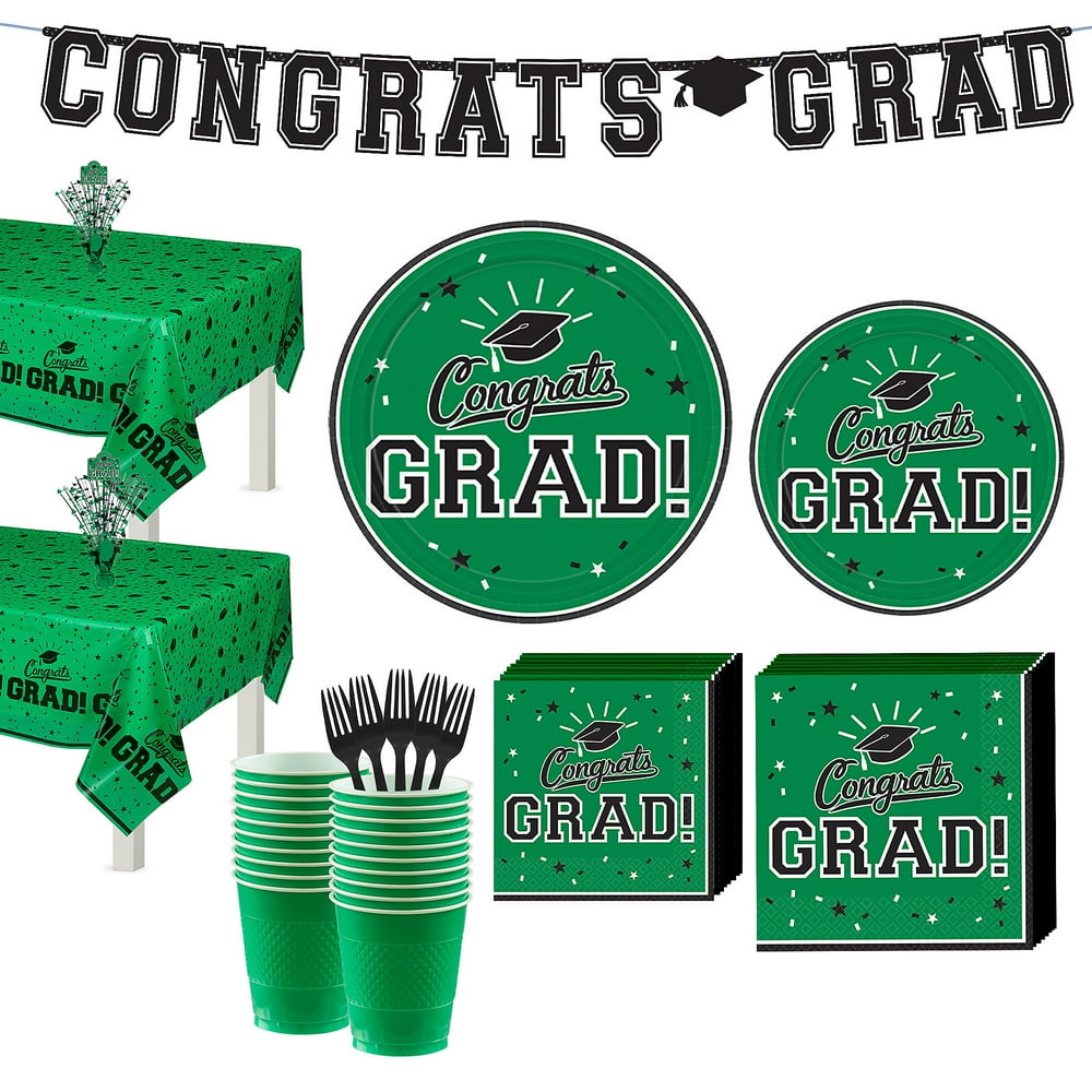 Party City Congrats Grad Green Graduation Party Kit for 36 Guests, With