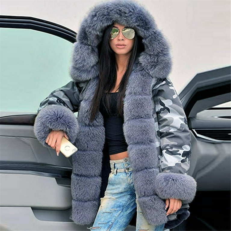 Women\'s Front Sleeve Shaggy Fishtail WGOUP Long Outwear Faux-Fur Jacket,Gray Winter Camo-Coat Open Hooded