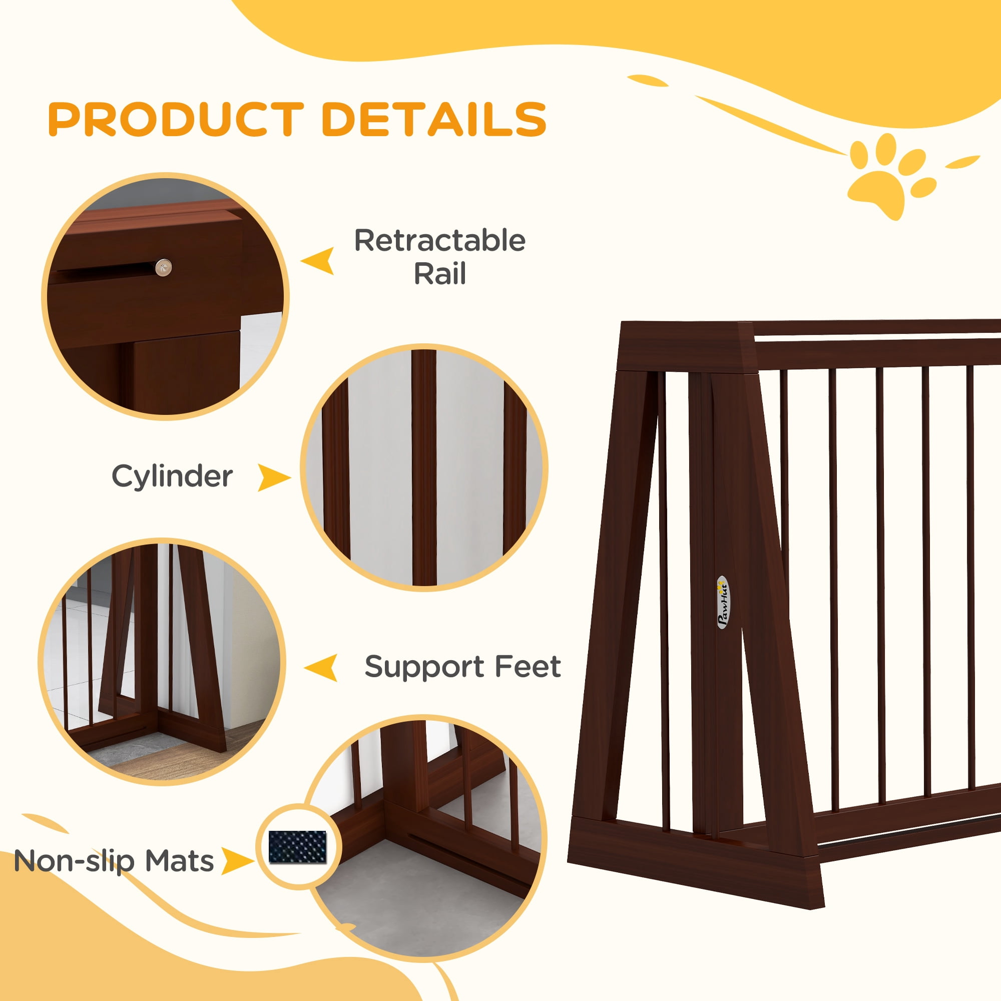 PawHut Freestanding Pet Gate with Retractable Length, 28"-75", Brown