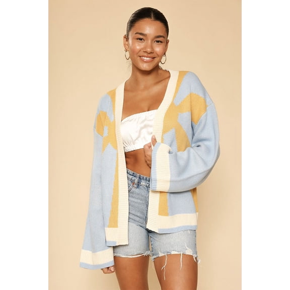 Miss Sparkling Women's Oversized Graphic Knit Cardigan - Casual Boho Open Front Color Block Sweater Loose Fit Long Sleeve Knitwear (S-XL)