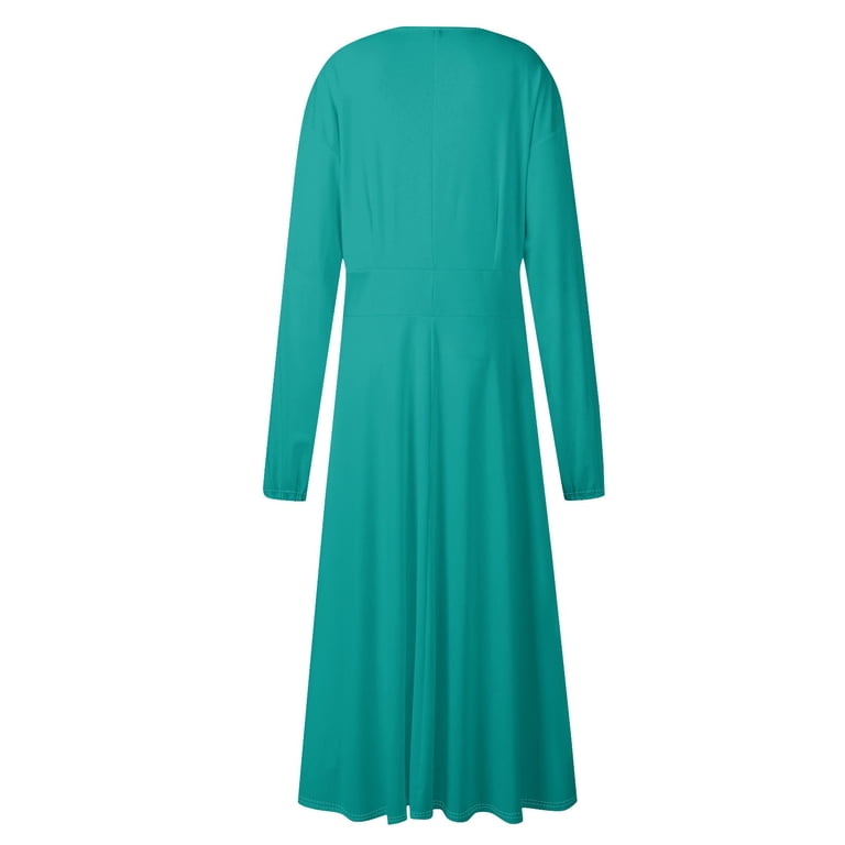 Women's Autumn Winter Casual Round Neck Long Sleeve Solid Color Long Dress,  Turquoise, Size XL