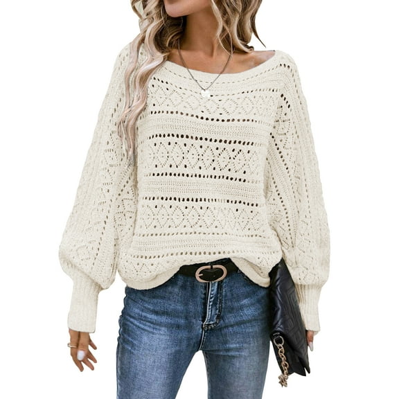 DOKOTOO Woman Pullover Sweaters Crewneck Long Sleeve Cable Knit Crochet Tops Casual Fall Winter Pullover Jumper Tops Apricot L US12-14