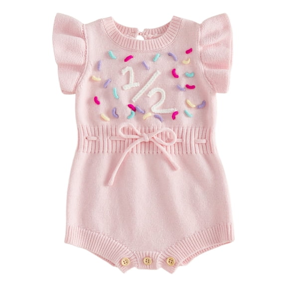 Cenuakty Girls Half Birthday Romper Fashionable Letters Embroidery Flying Sleeve Knit Jumpsuit