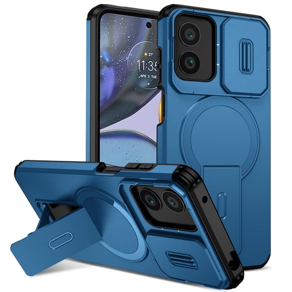 Asuwish Magnetic, Kickstand, Slide Camera Cover TPU, Plastic, Metal Hard Shell Fashion Cell Phone Case for Motorola Moto G Play 4G 2024, Blue