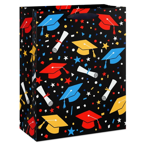 American Greetings Graduation 12.75 in. Large Gift Bag, Bright Mortarboard Pattern (1 Bag)