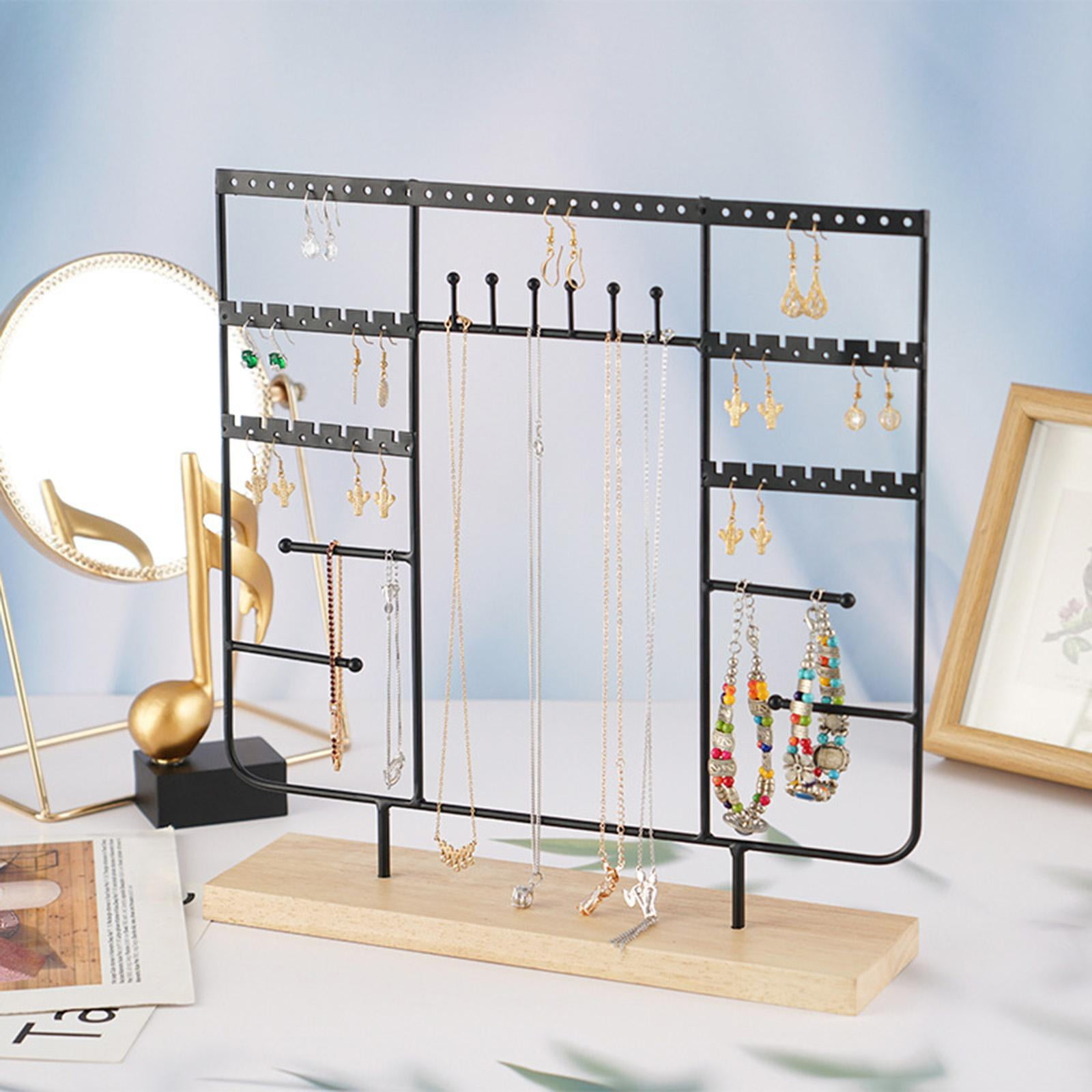 Jewelry Organizer Holes with Wood Base Multi Tiers Metal Hanging Holder Jewelry Tree for Earrings Necklace Girls Gift Women
