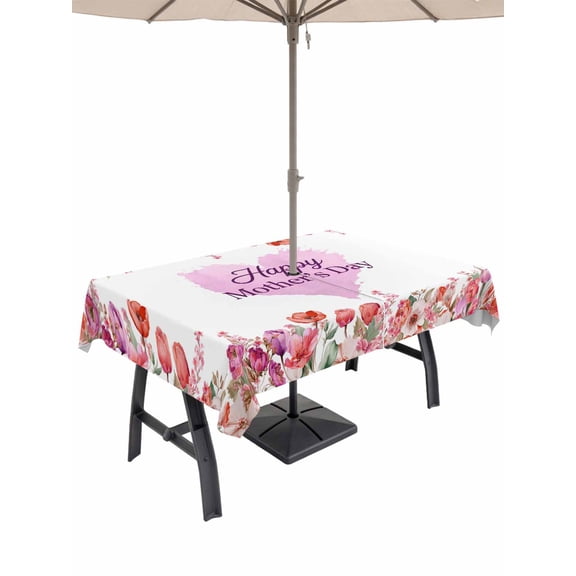 Outdoor Tablecloth with Umbrella Hole for Patio/Picnic/Party/Camping, Mother's Day Waterproof Table Cloth Rectangle Table Cover Washable, Spring Watercolor Flowers Purple Love Heart (60"x 84")