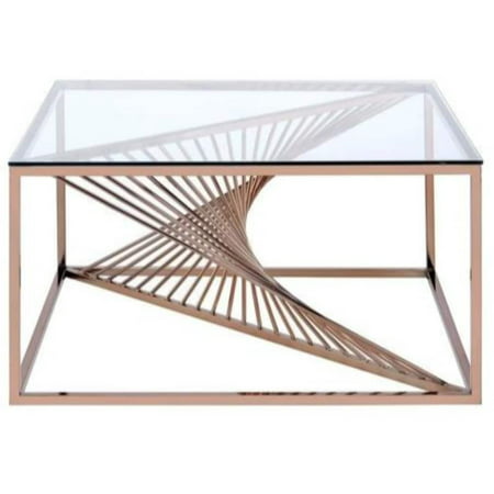 Benzara Metal Framed Coffee Table with Twisted Bar Base and Glass Top, Copper and Clear