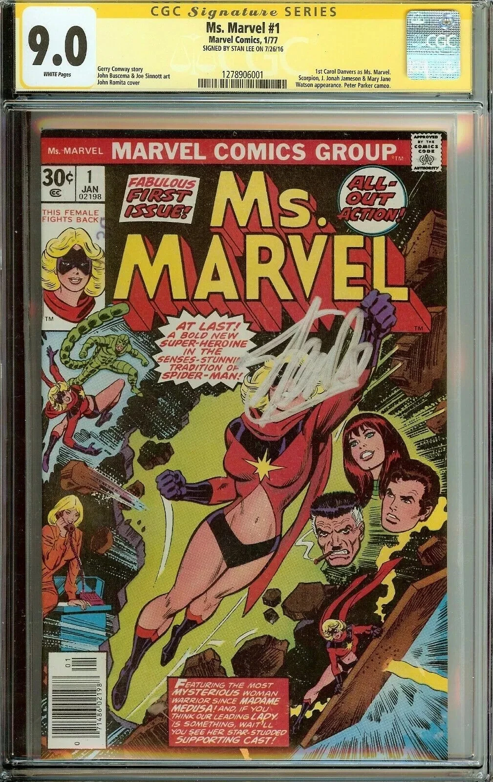 Ms. Marvel #1 (Marvel Comics, 1977) – CGC Signature Series 9.0 – Signed by Stan Lee
