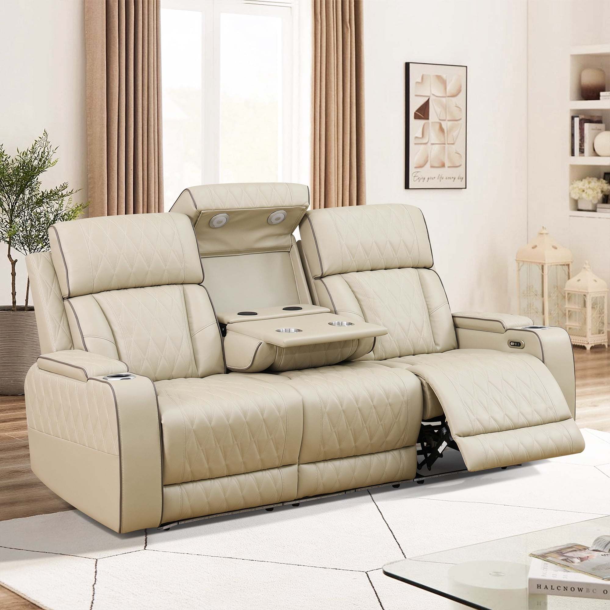 Gewnee Power Reclining Multifunctional Sofa with USB, Air Leather, Storage Console, Living Room,Khaki