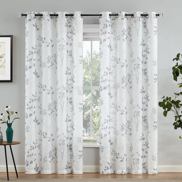 Cortinas Beauoop de lino semitransparente con estampado floral, 214 cm de alto, 2 paneles, color gris