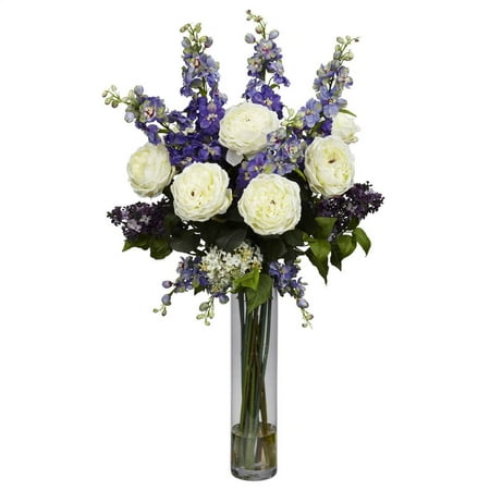 Nearly Natural Rose  Delphinium and Lilac Silk Flower Arrangement  Purple A literal burst of sunshine. Bring the springtime home anytime. The perfect finishing touch for any room. Construction Material: Polyester material  Iron wire  Glass  Resin. 21 in. W x 21 in. D x 38 in. H ( 7 lbs. ). Pot Size: 4 in. W x 18 in.H. Celebrate the warm weather with this incredible arrangement of  springtime color  from Nearly Natural s Floral Collection. We ve selected some of our finest floral offerings (such as soft delphiniums and delicate lilacs  and brought them together in a beautiful 18  glass vase (complete with faux water). It s a literal burst of sunshine  and makes the perfect finishing touch for any room.
