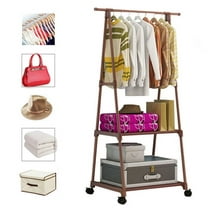 Clothes Rack on Wheels, Rolling Garment Rack with 2-Tier Storage Shelves for Shoes, Clothes, Portable Garment Laundry Rack for Home Office, Brown