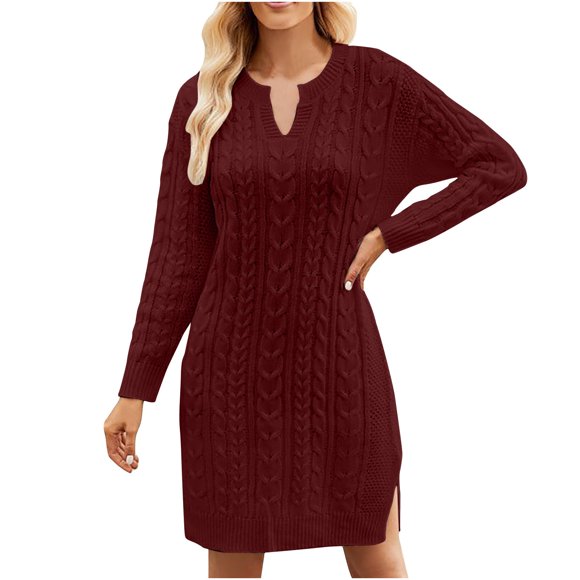 Women's Mini Straight Dress Fashion Solid Color Elegant Casual Knitted Side Split Clearance Long Sleeve Sweatshirts Spring Workout Holiday V Neck Sweaters Fall Dress Red M