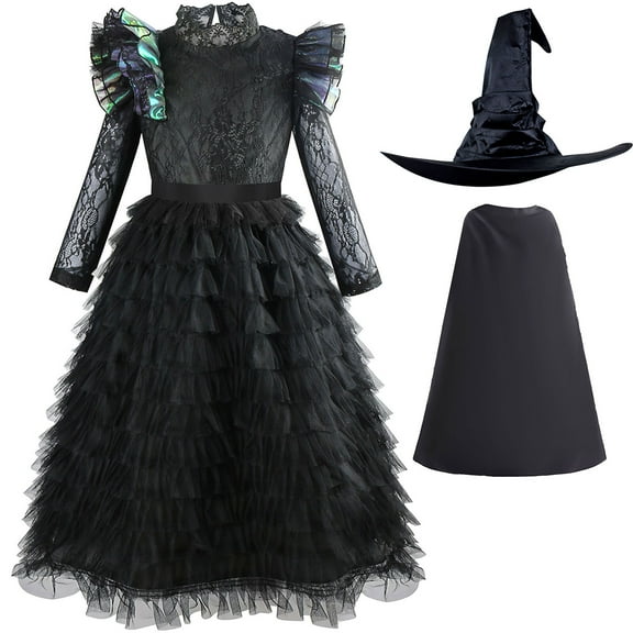 Girls Witch Outfit Halloween Dresses with Cape&Hat, Size 4-5