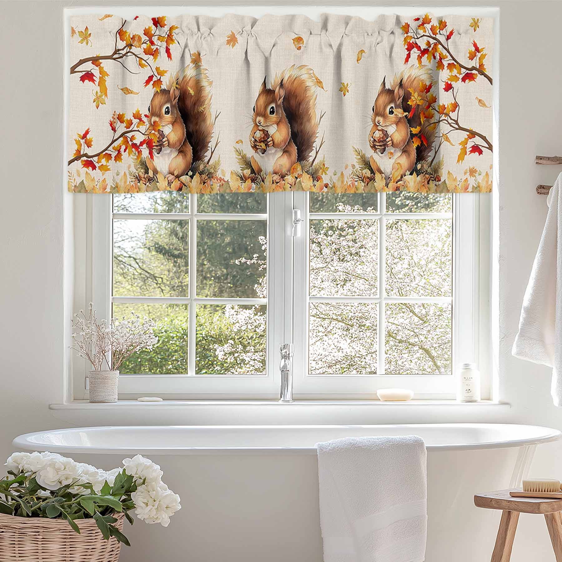 Thanksgiving Fall Valances for Windows, 60 x 18in, Squirrel Maple Leaf Cotton Linen Background Rod Pocket Kitchen Valance Curtain Light Filtering Window Treatments for Living Room Bedroom, 1 Panel