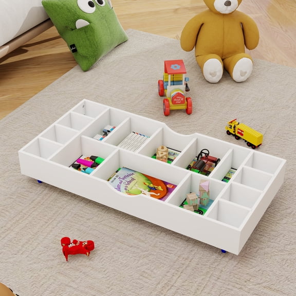 OUFAN The 2 in 1 Rollaway Play Table and Toy Organizer with wheels, Compatible with Lego Bricks for Storing Under Bed, Sofa, White