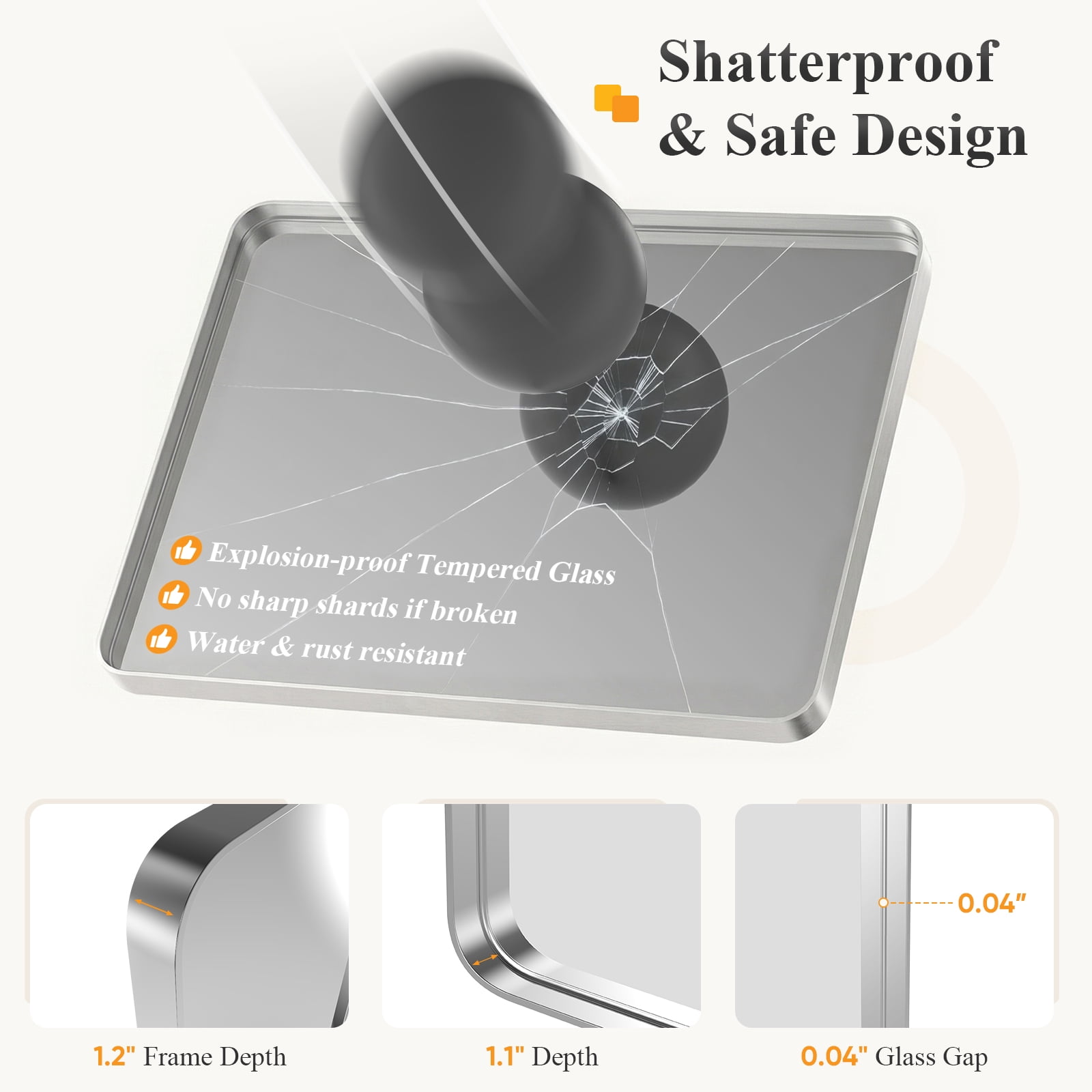 Gianna Anti-Fog Bathroom Wall Mirror – 30" x 48" Shatterproof Vanity Mirror with Rectangular Metal Frame, Sliver