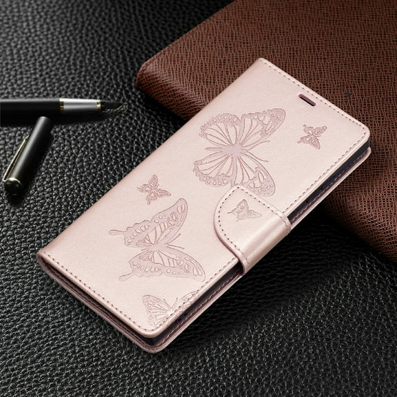 Decase for Samsung Galaxy A35 Case Wallet,Women Men Flip Phone Cover with Butterfly Embossed PU Leather Kickstand Credit Card Holder Slots Wrist Strap Protective Case,for Galaxy A35 - Pink