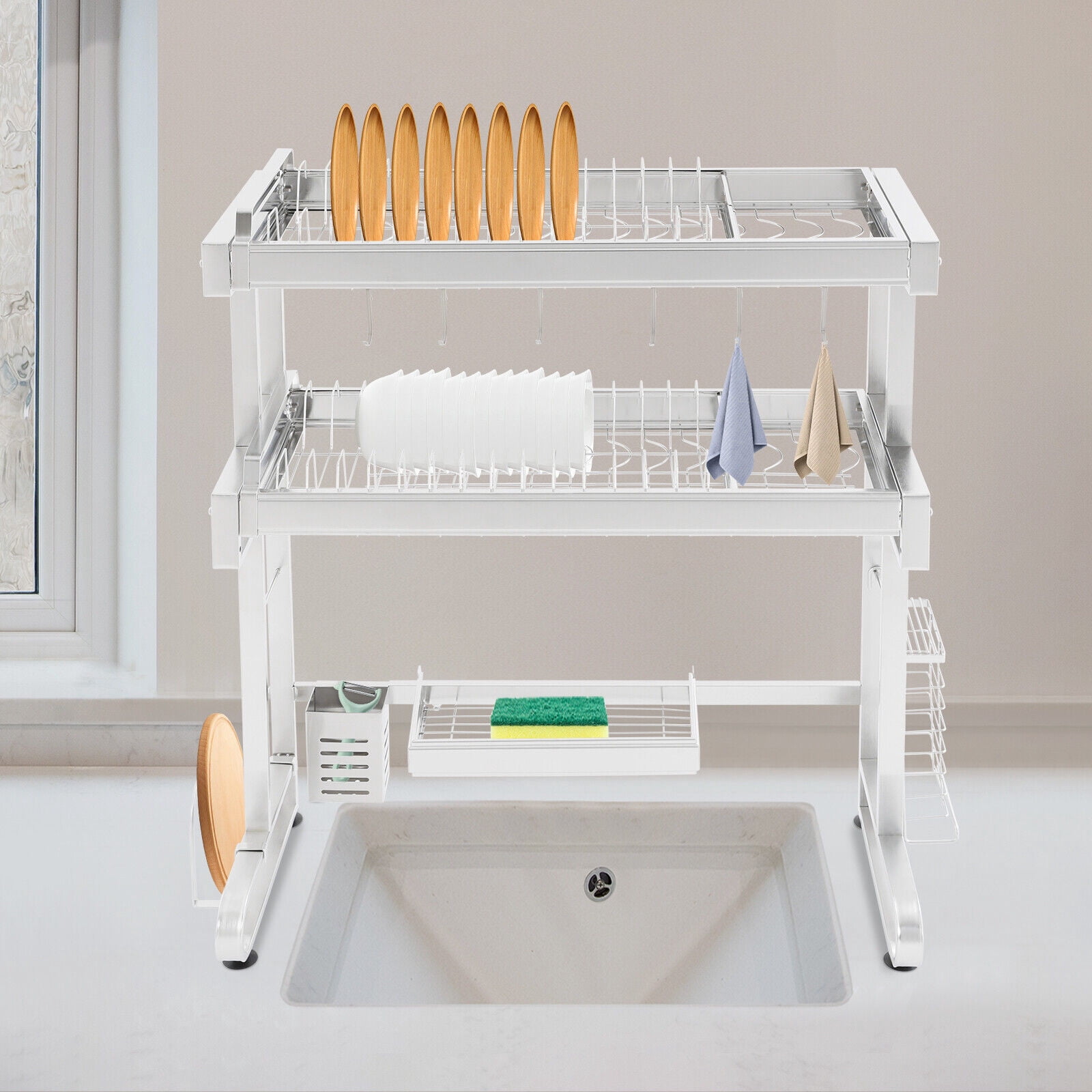 2-Tier Dish Drying Rack Over Sink Dish Drying Rack, Stainless Steel Expandable Over Kitchen Sink