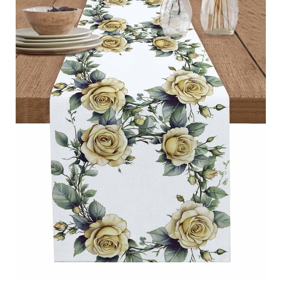 Botanical Yellow Table Runner 72 Inches, Spring Floral Watercolor Bed Runner Dresser Scarves Tabletop for Indoor Outdoor Parties/Ceremony/Banquet, 13" x 72"