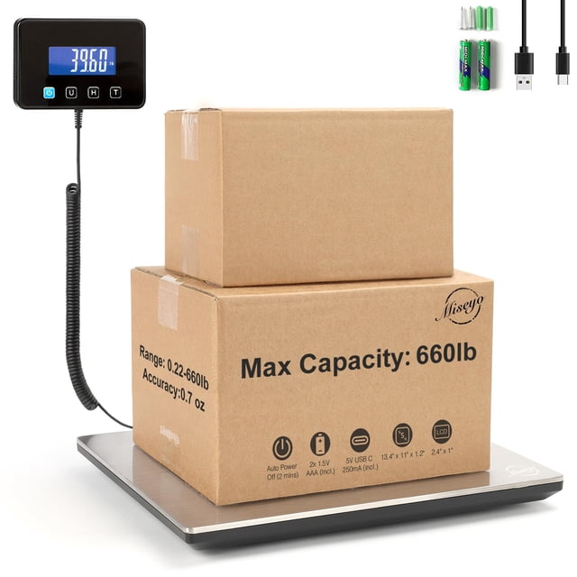 Miseyo 660lbs Heavy Duty Digital Shipping Scale - 0.7oz High Accurate Stainless Steel Postal Scale for Packages, Luggage, Small Business, Warehouse,