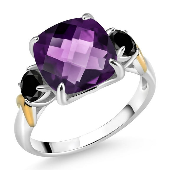 Gem Stone King 925 Silver and 10K Yellow Gold Purple Amethyst and Black Diamond 3 Stone Ring for Women (3.54 Cttw, Gemstone February Birthstone, Cushion Checkerboard 10MM, Round 4MM, Size 7)