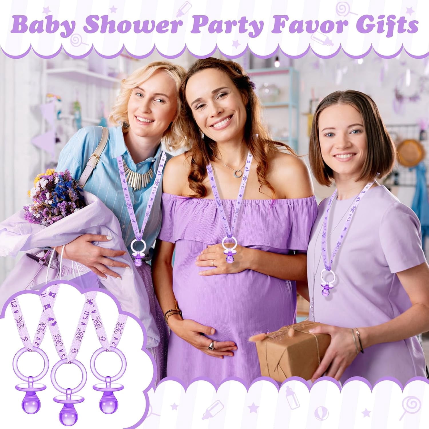 60 Pieces Baby Shower Pacifiers Necklace Acrylic Pacifiers Necklace Charm for Baby Shower Party Favors Decorations, Women Style(Purple)