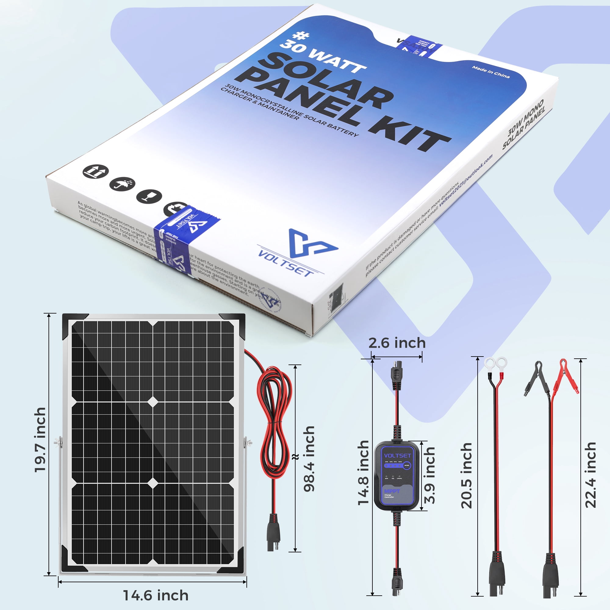 Voltset Solar Panel Kit 30W 12V with MPPT Controller, Solar Battery Trickle Charger Maintainer, Waterproof Solar Panel with Adjustable Mount Bracket for Boat RV Motorcycle Marine