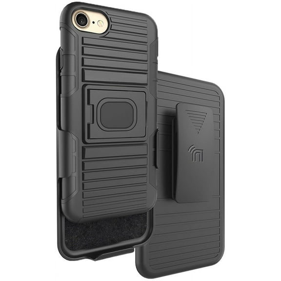 Case with Clip for iPhone SE 3rd Gen 2022, Nakedcellphone Black Rugged Cover [with Finger Grip Stand]   [Mounting Plate]   [Belt Hip Holster] - fits iPhone 8, iPhone 7, iPhone SE 2022/2020