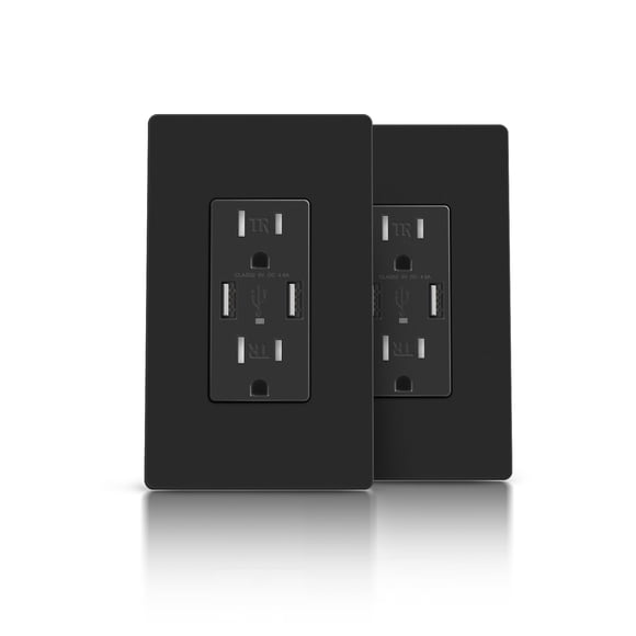 TOPELER 4.8A Black USB Charging Power Outlet, 15 Amp Duplex Tamper Resistant Receptacle, Electrical Socket with Dual USB-A Ports, Wall Screwless Plat