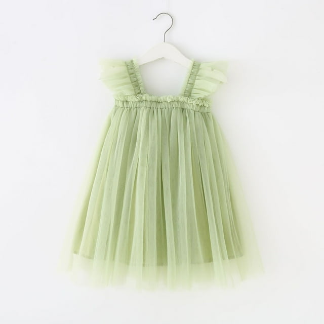 VKOYWKM Robe en Tulle pour Bébé Fille Mignonne d'Été à Manches Volantées, Robe pour Tout-Petit, Robe de Soirée Formelle, Robe de Princesse, Robe Unie de Demoiselle d'Honneur
