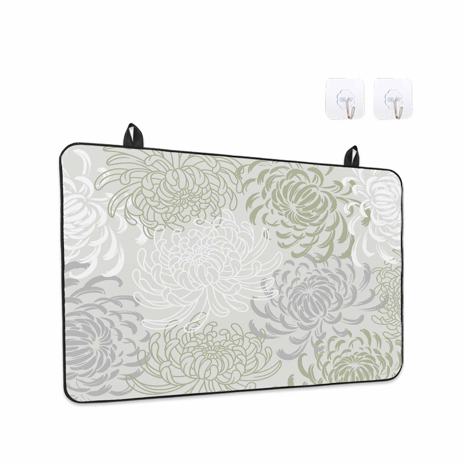 Sage Green White Stove Top Cover for Electric Stove, Heat-proof & Non Slip Glass Top Stove Cover Protector, Abstract Grey Chrysanthemum Flower Kitchen Flat Cooktop Rubber Mat 28.5x20.5 Inches