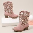 thumbnail image 3 of Girls Cowboy Boots Western Glitter Sequin Mid Calf Boots Snip Toe Block Heel Boots Sparkly Cowgirl Boots Light Pink 10.5-11 Years, 3 of 6