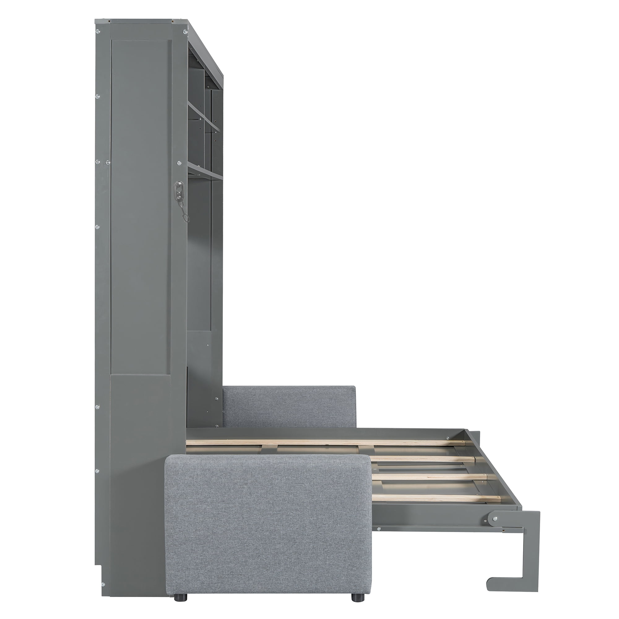 Queen Size Murphy Bed with Sofa and Open Storage Adjustable Shelves for Small Space, Guest Room