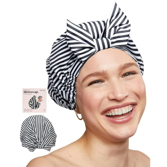 Kitsch Cleanse Ritual Waterproof, Reusable Polyester Shower Cap, One Size, Black and White Stripe