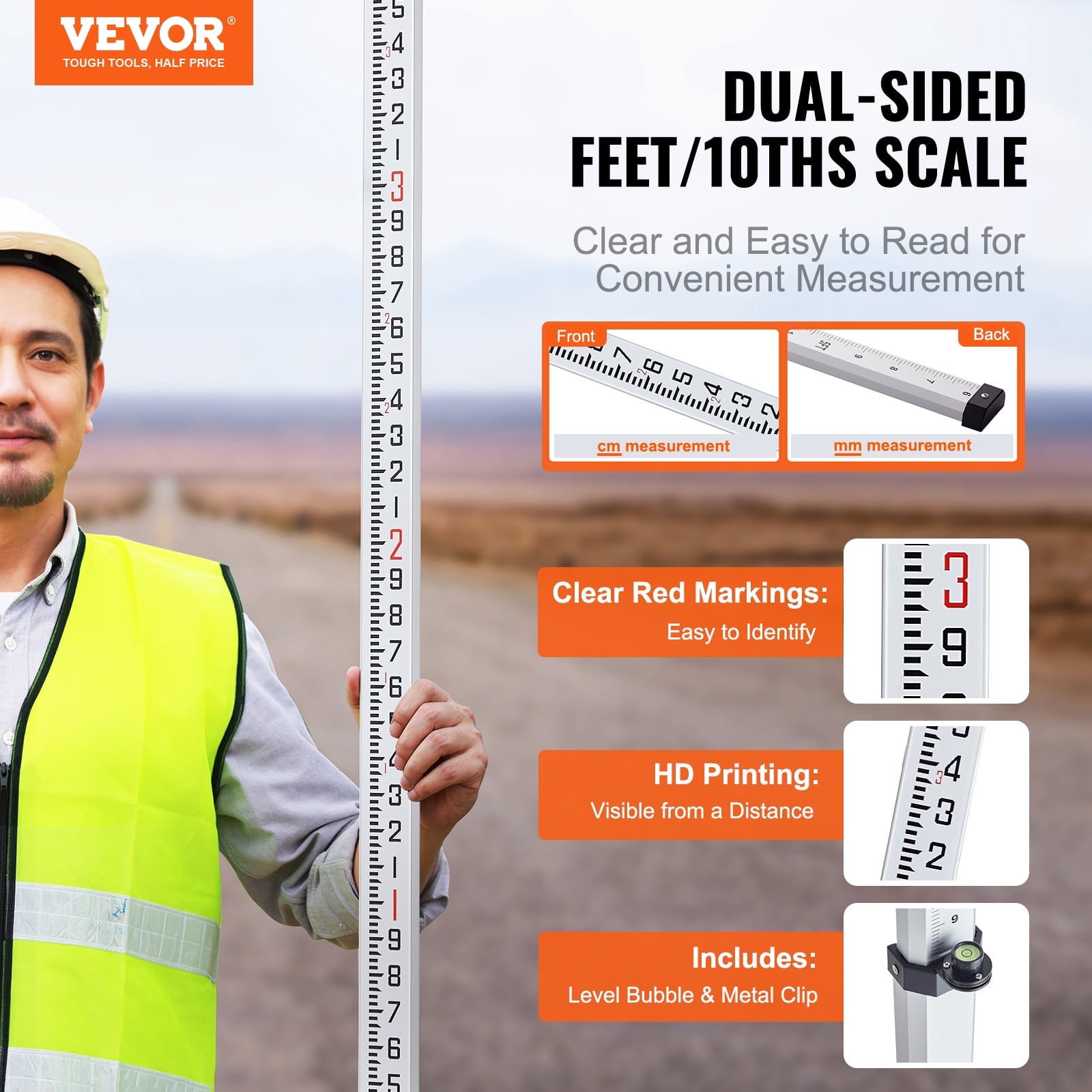 VEVOR Aluminum Grade Rod,16-Feet/10ths 4 Sections Telescopic Measuring Rod,Double-Sided Scale 1/10ft Leveling Rod Stick,Aluminum Alloy Survey Rod w/ Bubble Level &Carrying Bag for Houses,Walls,Floors