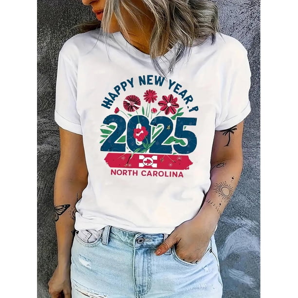 Camiseta de cuello redondo para mujer (diseño colorido), estampado floral del alfabeto de Carolina del Norte 2025, tejido de punto de algodón informal con elasticidad media, top de verano cómodo para