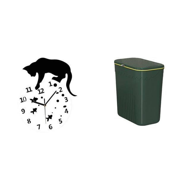 Reloj de pared silencioso con diseño de gato y soporte para cubo de basura que ahorra espacio para sala de estar, cocina, comedor, escuela y hogar.