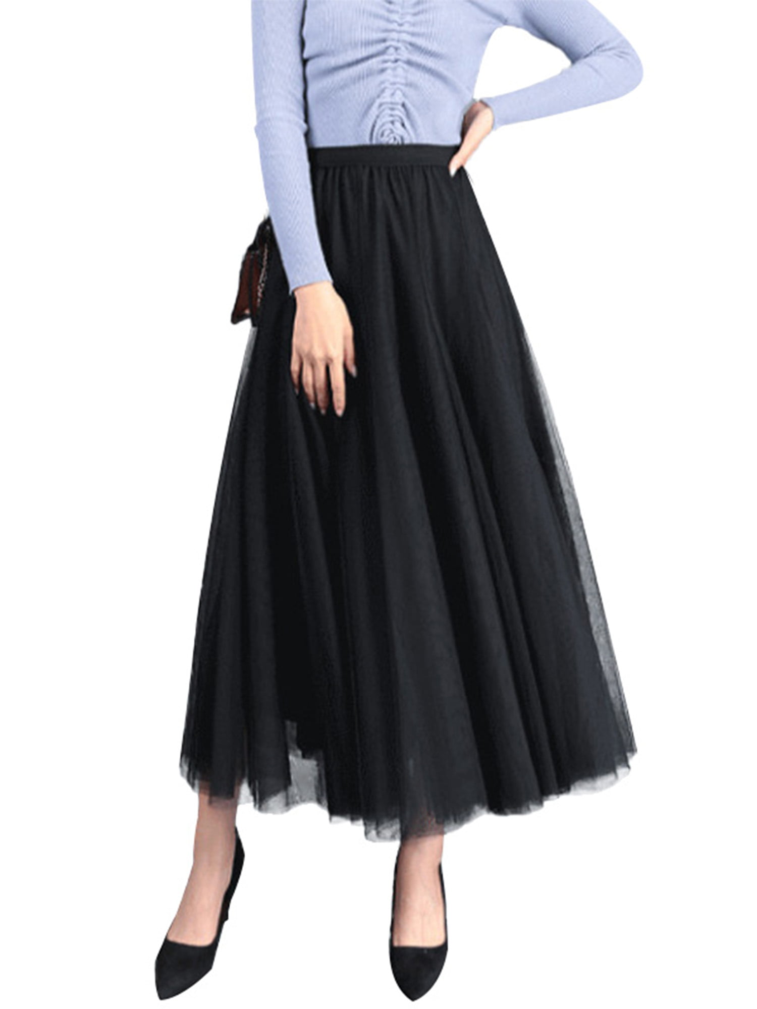 LISTHA Pleated Tulle Midi Skirt Women Elegant Mid-Waist Stretch Long Mesh Skirt
