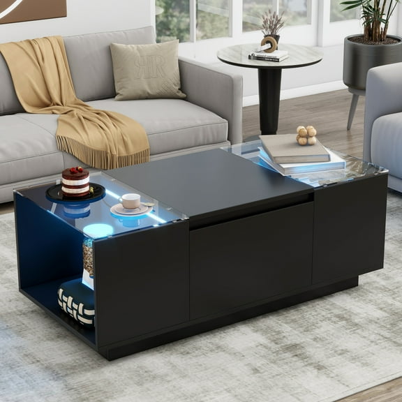 Led Coffee Table, Modern Center Table with High-Gloss Finish and Glass Tabletop, Coffee Table with Open Storage Compartment and 2 Hidden Drawers for Living Room
