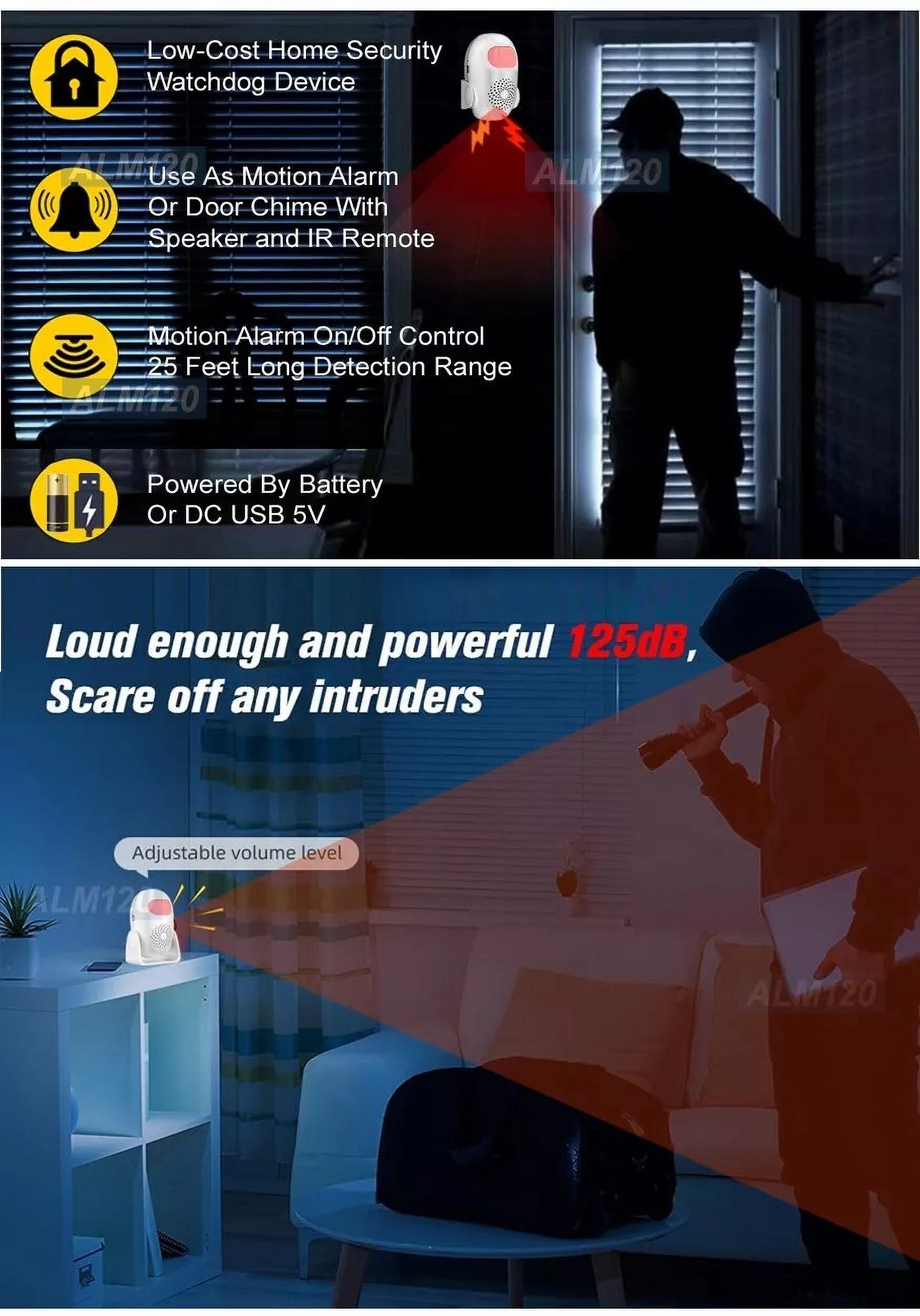 Portable Motion Sensor Alarm Entrance Alert Chime With 125dB Siren Sound And IR Remote