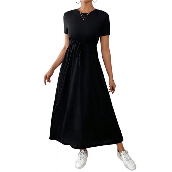Women'S Short Sleeve Maxi Dresses Casual Long Dress with Pockets Black L