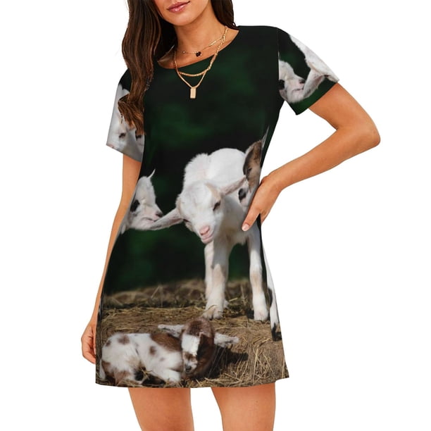 Balery Cute Goat Baby Camisón de manga corta con cuello redondo para mujer, cómodo y elegante.