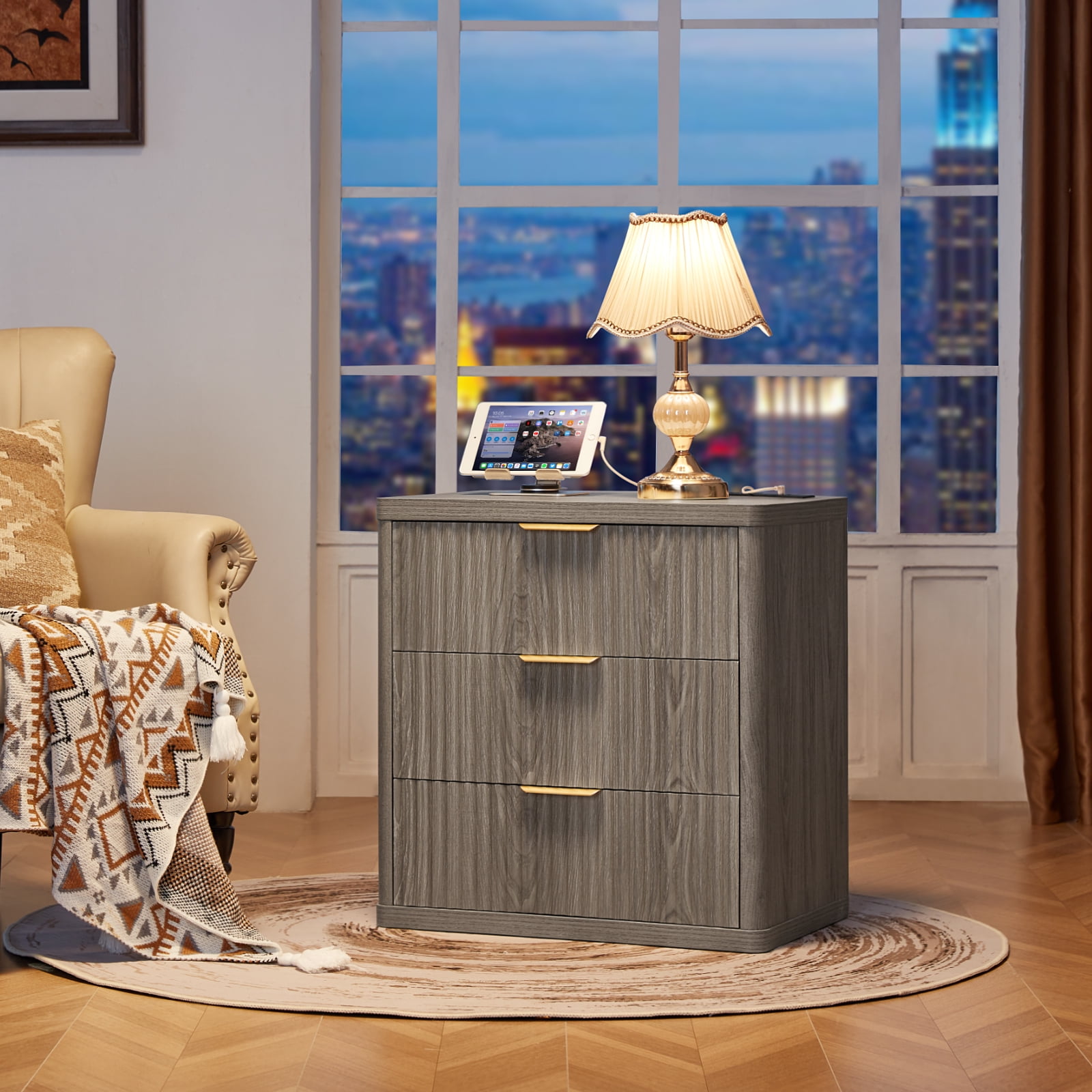 2 Pcs End Table with Charging Station, 23" Wide Sofa Side Table with 3 Drawers, Large Storage Rustic Wood Storage Cabinet for Living Room,Bedroom, Grey