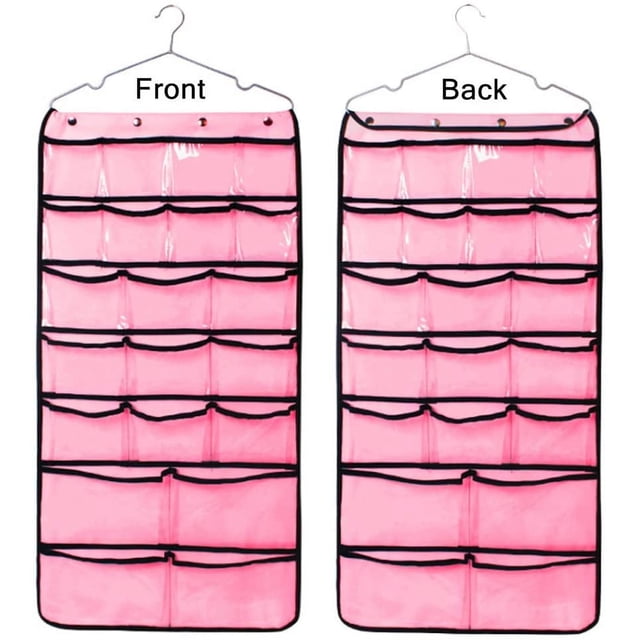 HUGFEGWE Hanging Jewelry Organizer Bag (40-Pockets) & 20 Magic Tape Hook Storage Bag Closet Storage for Portable Travel, Rings, Earrings, Necklaces, Clear PVC Plastic Windows, Roll-Up AZ824-11644